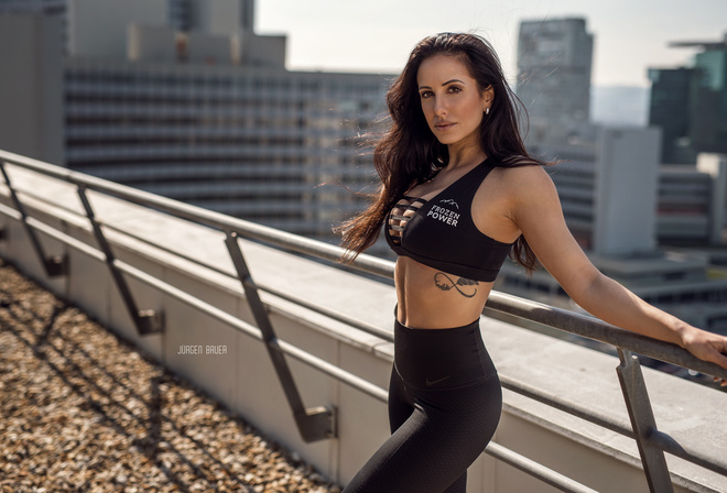 women, rooftops, Nike, brunette, tattoo, building, women outdoors, sportswear