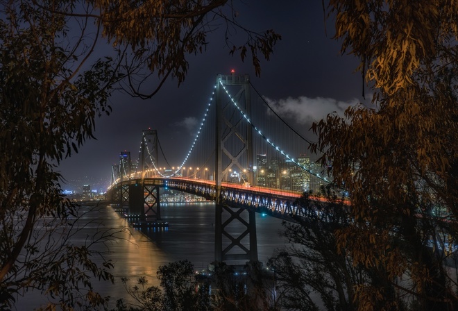 Ночной вид, Мост через залив, Сан-Франциско, США обои для рабочего стола