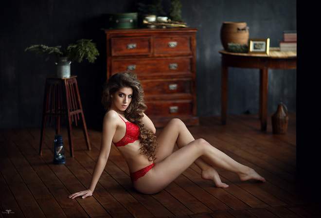 women, red lingerie, Dmitry Arhar, brunette, plants, on the floor, long hair, curly hair, wooden surface, pink lipstick, sitting