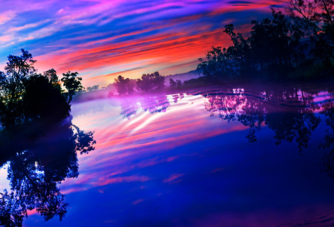 reflection, glow, trees, lake, ruffle, the sky, river, clouds, sunset