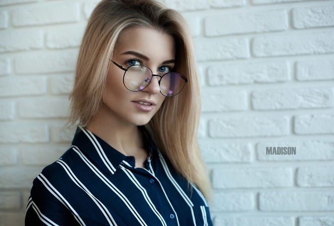 women, blonde, shirt, bricks, wall, women with glasses, blue eyes, face, portrait, pink lipstick