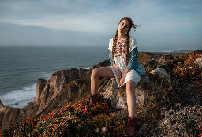 Ksenia Kokoreva, women, pigtails, sitting, dress, sea, shoes, women outdoors, denim