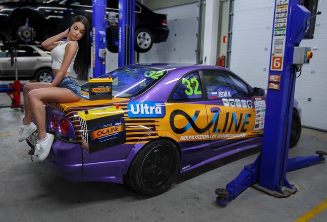 women, Garage, sitting, jean shorts, sneakers, women with cars, brunette, ass