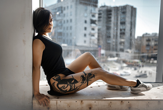 women, tattoo, sitting, brunette, sneakers, window sill, black dress, portrait