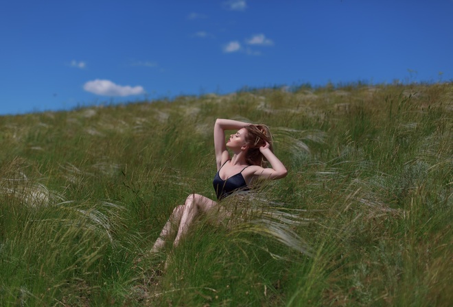 women, blonde, brunette, monokinis, sky, clouds, women outdoors, one-piece swimsuit, sitting, armpits, closed eyes, red lipstick