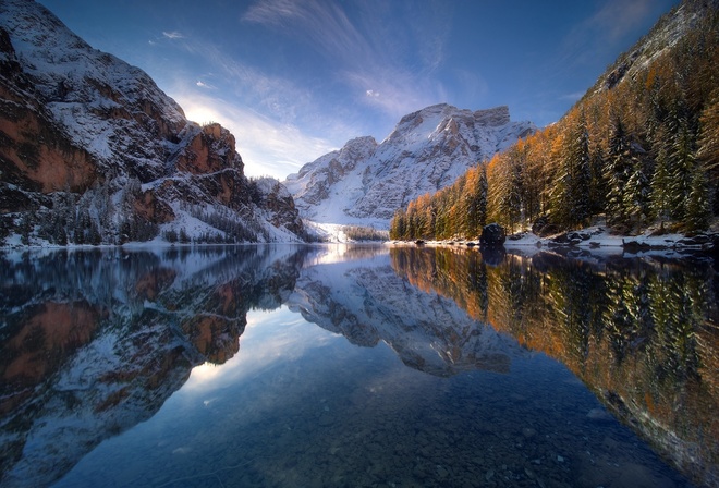 autumn, the sky, reflection, snow, winter, lake, mountain