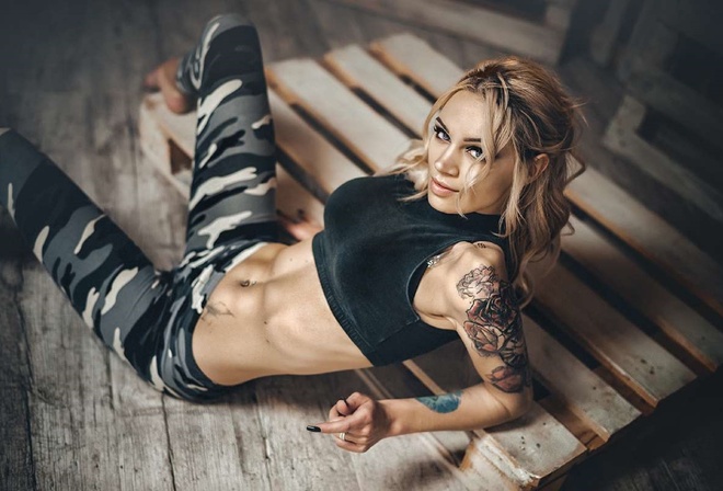 Girls military, blonde, figure, tattoo, piercing, Вадим Мельник
