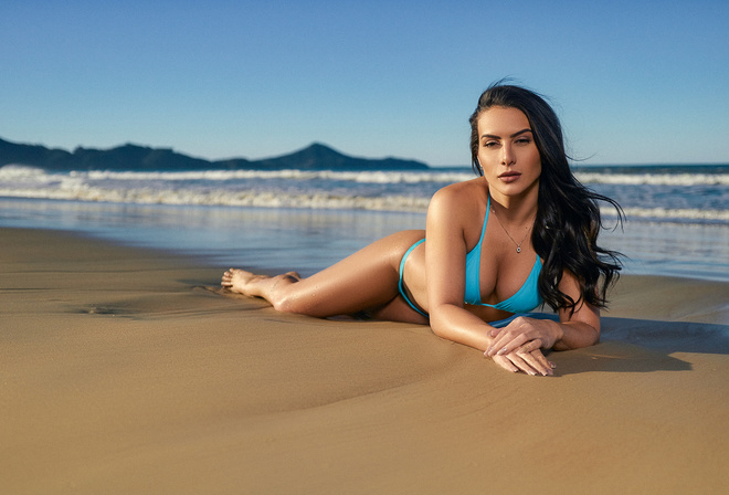 women, tanned, sea, sand, women outdoors, blue bikinis, lying on front, necklace, water drops