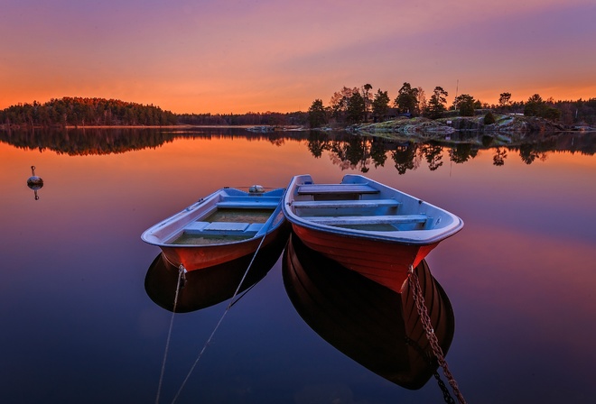 sunset, forest, river, Sweden, trees, the evening, boats