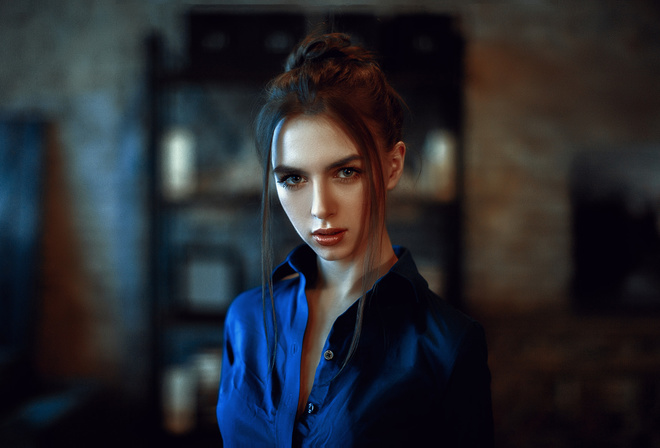 women, portrait, blue shirt, depth of field, face