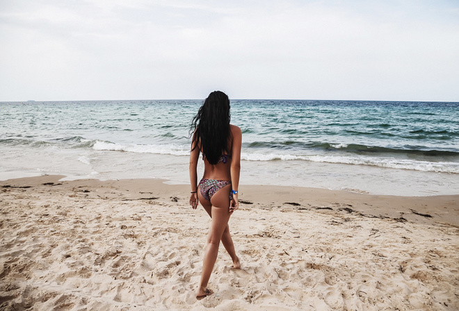 women, sand, tanned, back, sea, women outdoors, beach, ass, black hair, long hair, bikini