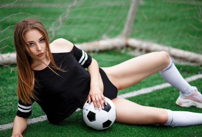 women, Maksim Romanov, ball, portrait, thong, sportswear, brunette, synthetic grass, sneakers, bare shoulders, white stockings, painted nails