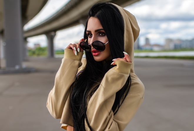 women, portrait, sunglasses, hoods, sweater, white nails, long hair, looking away, bridge