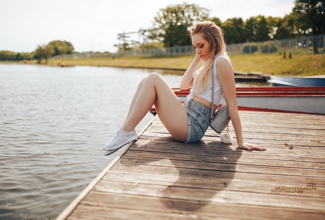 women, boat, blonde, sneakers, handbags, sitting, pier, jean shorts, women outdoors, water, painted nails, brunette, portrait