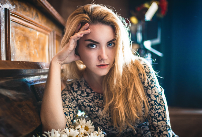 women, blonde, flowers, blue eyes, portrait, face