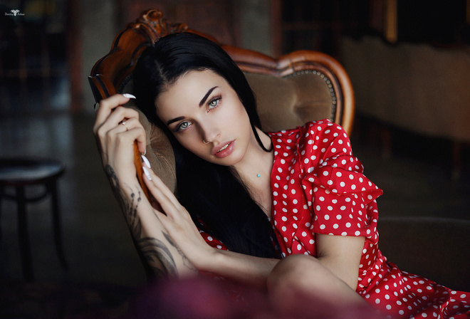 women, Dmitry Arhar, Alla Berger, polka dots, red dress, nose ring, tattoo, portrait, sitting