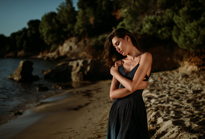 women, portrait, closed eyes, bare shoulders, sea, sand, black dress, pink nails, eyeliner, arms crossed, women outdoors