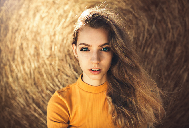 women, hay, face, portrait, blue eyes, blonde