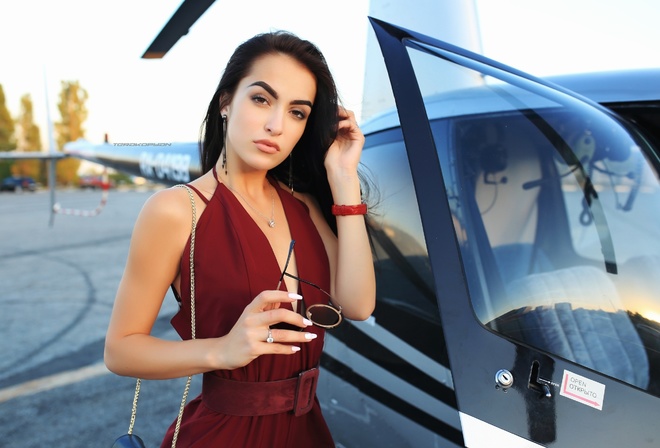 women, red dress, portrait, helicopter, cleavage, necklace, sunglasses, brunette, painted nails, belt