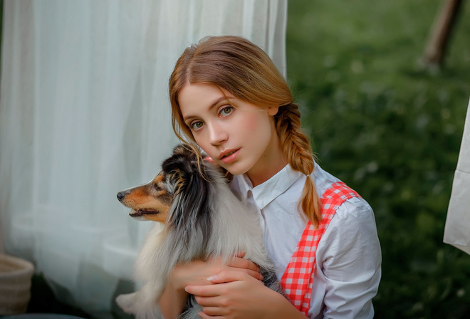 women, Ksenia Kokoreva, pigtails, portrait, blonde, dog, white dress, white clothing, women outdoors