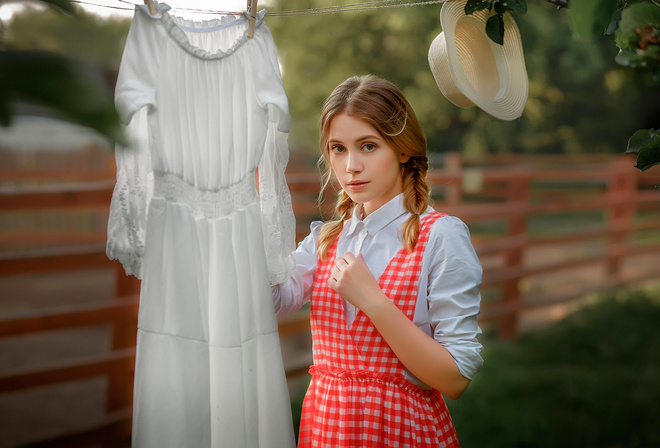 women, Ksenia Kokoreva, pigtails, portrait, blonde, hat, white dress, white clothing, women outdoors