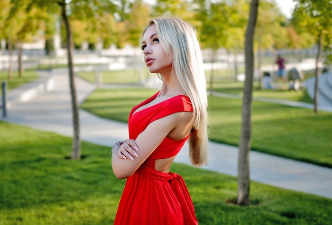 women, blonde, portrait, arms crossed, park, women outdoors, red dress