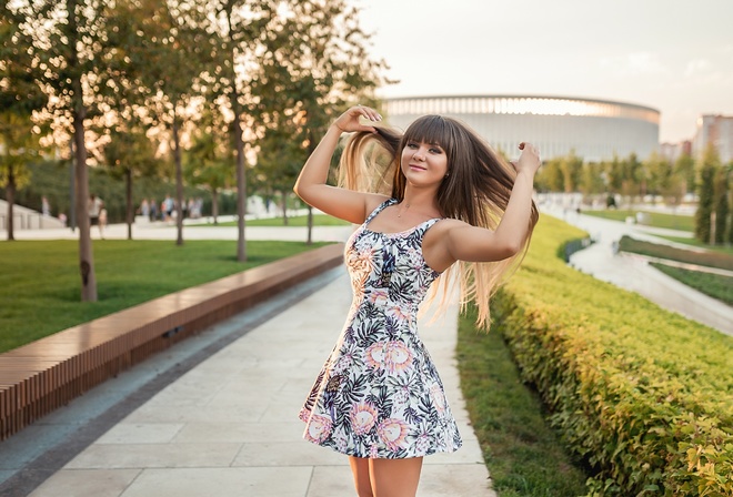 women, portrait, dress, long hair, women outdoors, galitsky park, smiling, park, sunset, pink nails