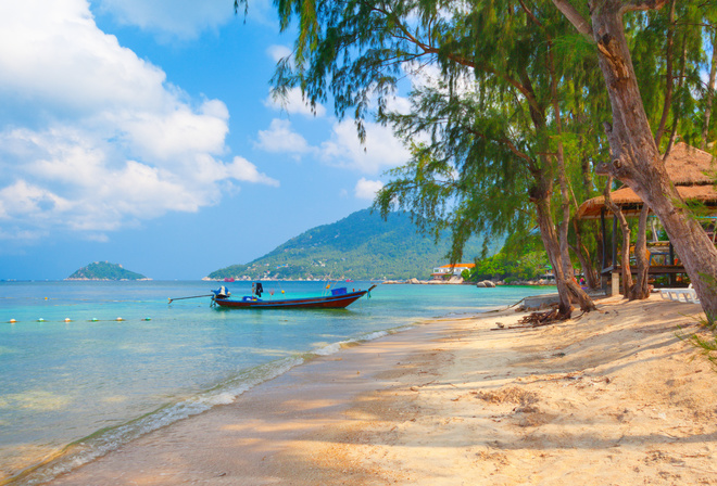 sand, sea, sky, clouds, trees, landscape, nature, boats, Thailand