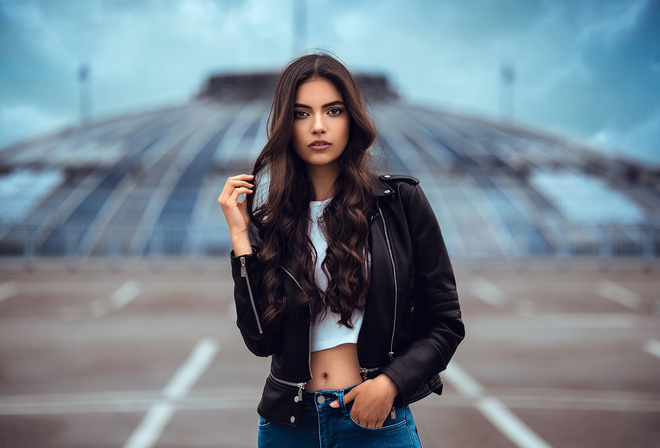 women, portrait, belly, jeans, leather jackets, women outdoors