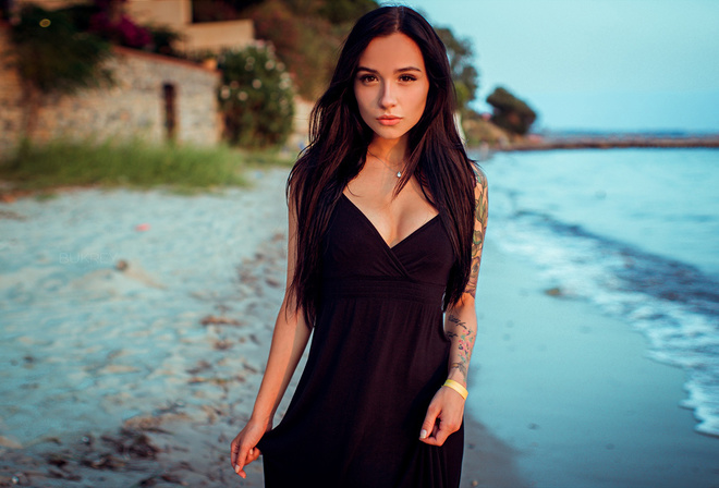 women, portrait, tattoo, sea, black dress, women outdoors