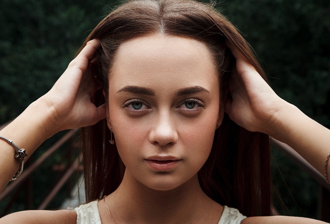 women, portrait, bridge, women outdoors, blue eyes, face