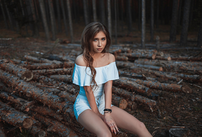 sitting, trees, jean shorts, women, bare shoulders, forest, brunette, portrait, women outdoors