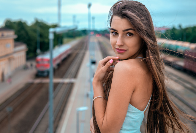 women, portrait, smiling, long hair, railway, train, dress, pink nails, women outdoors