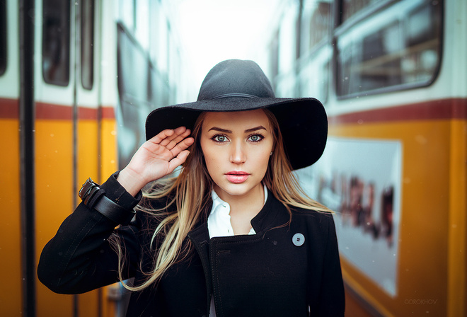 women, Ivan Gorokhov, hat, blonde, pink lipstick, face, portrait