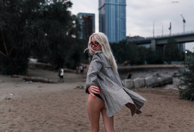 women, blonde, sand, red nails, ass, women with glasses, building, bridge, one-piece swimsuit, women outdoors