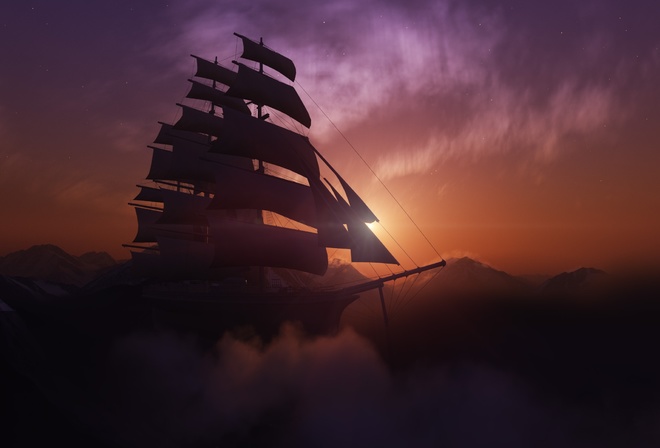 корабль, парусник, арт, фэнтези, облака, горы, темный фон
