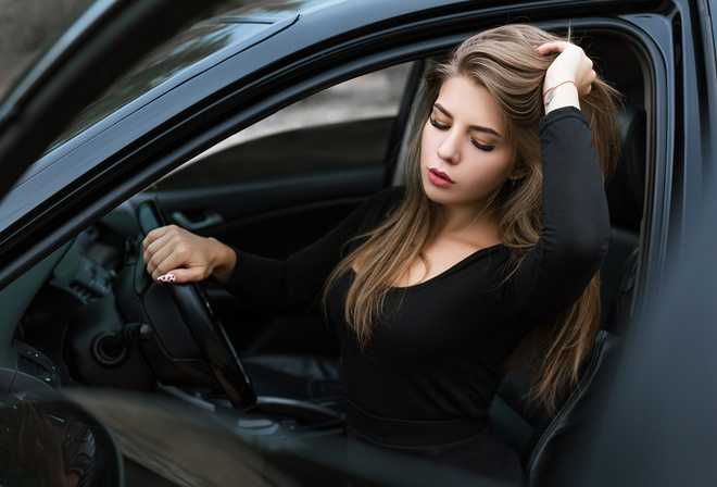 women, black dress, women with cars, portrait, brunette, sitting, blonde