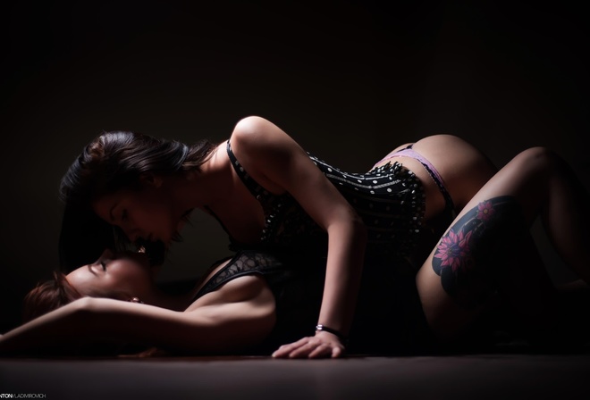 women, corset, simple background, tattoo, ass, lingerie, on the floor, lesbians