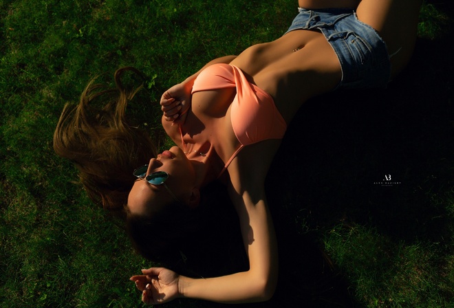 women, Alex Bazilev, jean shorts, grass, ribs, bikini top, belly, pierced navel, lying on back, armpits