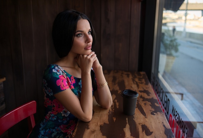 women, portrait, sitting, dress, chair, window, black hair