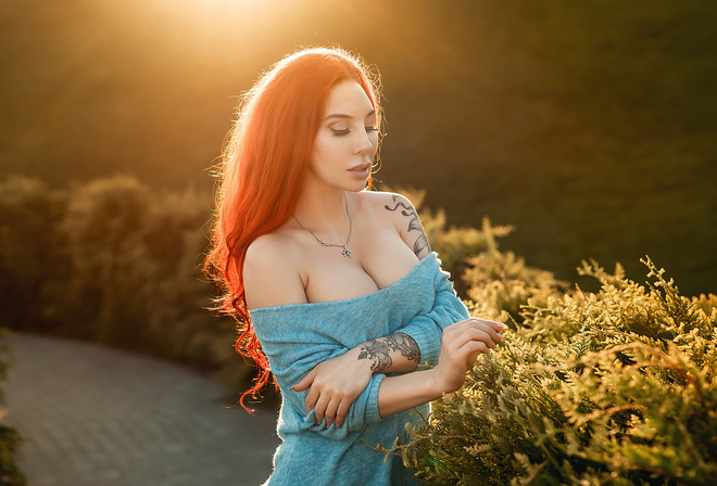 women, redhead, tattoo, boobs, women outdoors, necklace, bare shoulders, portrait