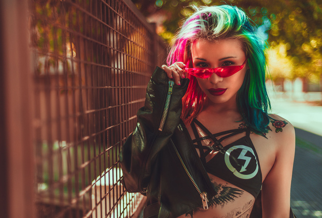 women, dyed hair, tattoo, colorful, red lipstick, bikini top, leather jackets, sunglasses