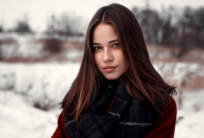 women, scarf, portrait, snow, face