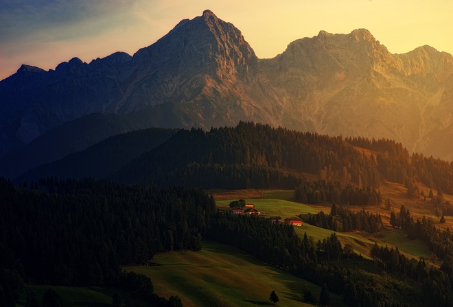 Alps, mountain landscape, sunset, evening, forest, mountain village, houses