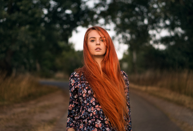women, Martin Kuhn, redhead, long hair, road, portrait