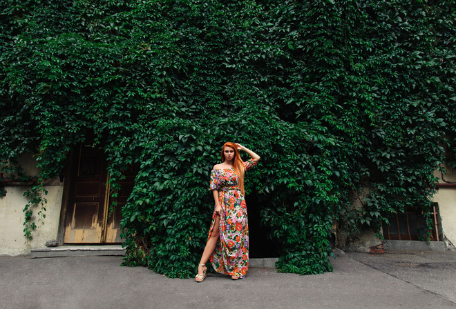 Dana Bounty, women, redhead, portrait, dress, bare shoulders, women outdoors, high heels, long hair