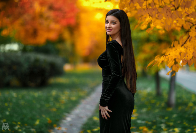 women, Mihail Gerasimov, tight dress, portrait, smiling, trees, leaves, grass, women outdoors, dress, long hair, painted nails, depth of field