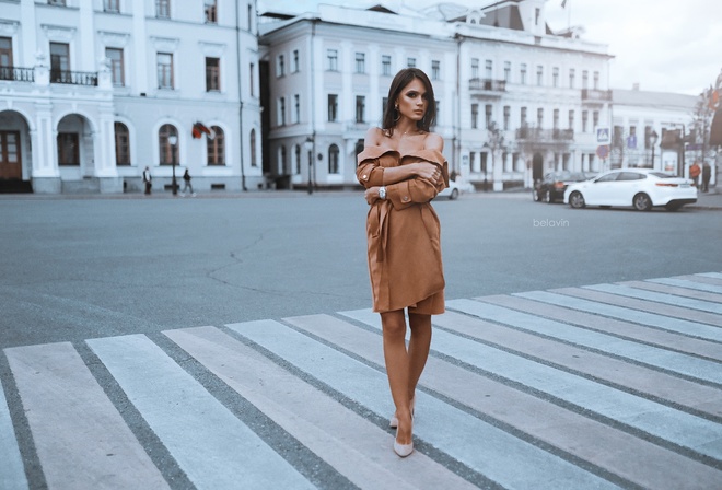 women, bare shoulders, women outdoors, arms crossed, car, Alexander Belavin, high heels, street