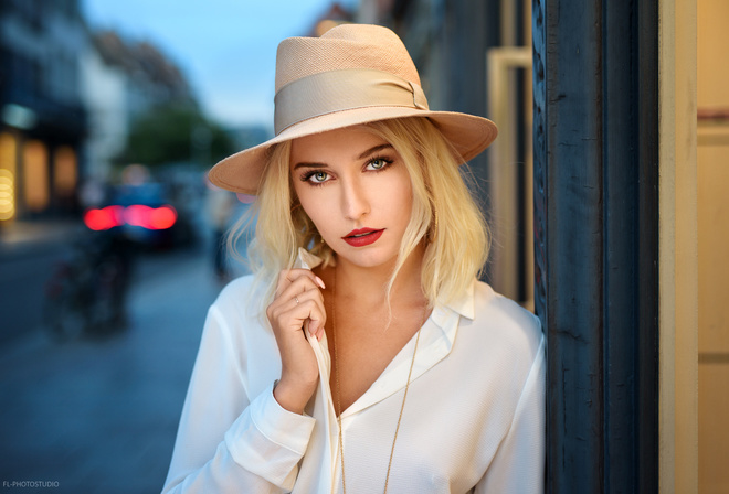 women, hat, Lods Franck, blonde, portrait, red lipstick