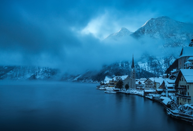 hallstatt, austria, городок, природа, зима